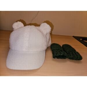 Cat & Jack Baby Shearling Off-White Bear Baseball Hat 12-24M & handmade mittens
